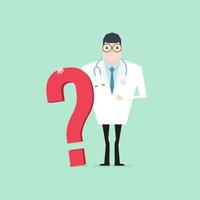 Smiling doctor standing with big question mark vector