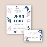 Plantilla de invitación de boda dibujada a mano con flores rosas y azules vector