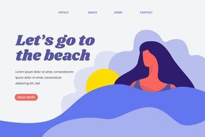 Summer Landing Page Template With Woman In Ocean With Sun And Clouds vector