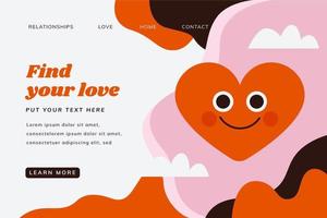 Flat Love Landing Page Template With Heart Smiling, Clouds And Abstract Shapes vector