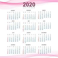 Plantilla de calendario limpio 2020 vector de diseño de onda hermosa