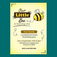 Cute Bee Editable Birthday Invitation For Kids vector