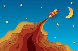 Paper rocket flying to the sky concept. paper art vector