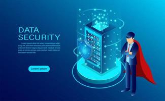 Data security concept banner with hero protect data with icon of a shield and lock vector