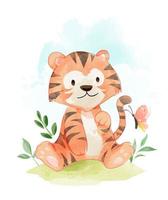 tiger in the field with butterfly vector