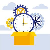 concepto de negocio caja de cartón reloj tiempo engranajes vector