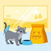 cat and bird with food bowl in pet shop vector