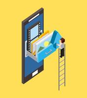 isometric man on ladder with drawer coming out of smartphone vector