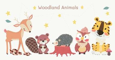 cute woodland animals clipart set, tiger, reindeer, owl, beaver, and hedgehog