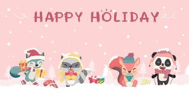 Happy cute wild animals in winter Christmas costume vector