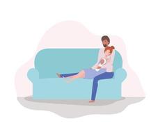 parents taking care of newborn baby on the couch vector