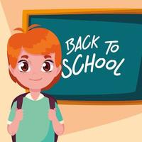 cute little student boy in poster back to school vector