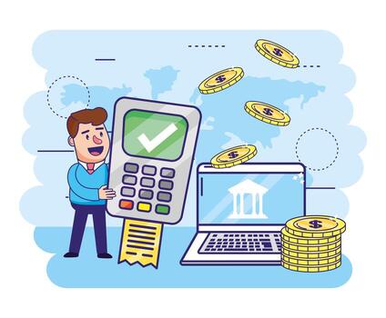 man with dataphone information and computer with coins vector