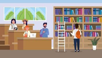 students in the university library with education books vector