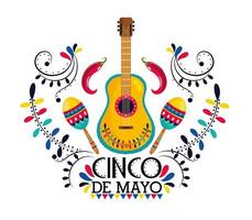mexican guitar with maracas and chili peppers vector