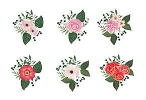 set tropical flowers and roses plants with leaves vector
