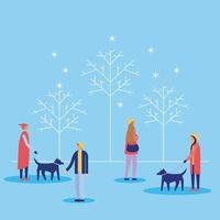 People walking dogs in winter  vector