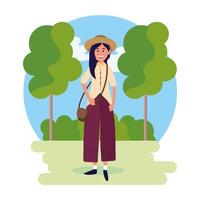 woman wearing hat with bag and trees with bushes vector