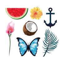 set tropical fruits with flowers and butterfly with anchor