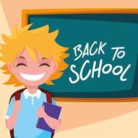 cute little student boy in poster back to school vector