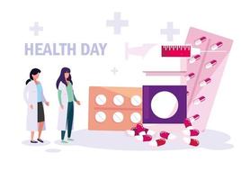 tarjeta del día mundial de la salud con médicos, mujeres y medicamentos vector