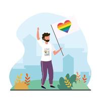 hombre con bandera del arco iris del corazón para celebración lgtb vector