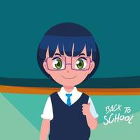cute little student boy in poster back to school vector