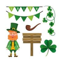 set st patrick man with clovers plants and pipe vector