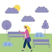 blonde girl listening to music in the park vector