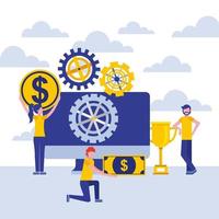 business people with monitor, gears and money vector