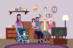 grandparents with woman and man with kids together vector