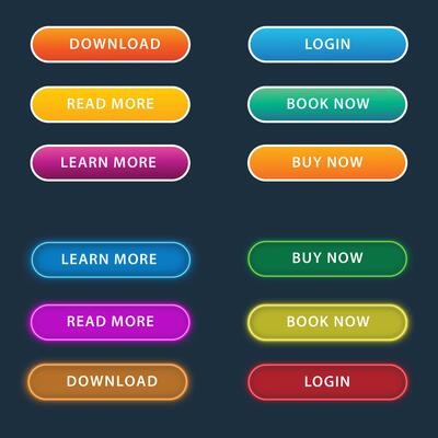 Trendy glowing neon buttons for web design with vibrant colorful light effects and modern futuristic layout