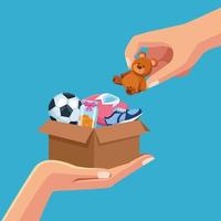 Hands putting toys in box for donation vector