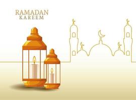 Ramadán Kareem con forma de linterna y mezquita vector