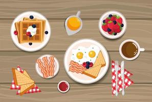 waffles with fried eggs and sliced bread vector