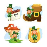 set st patrick woman with boot and mushrooms vector