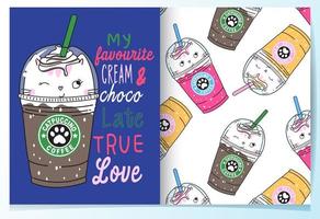 Hand drawn cute drinks with pattern set vector