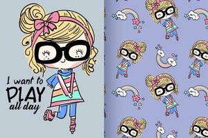 Hand drawn cute girl with pattern set vector