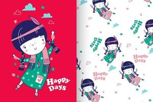 Hand drawn cute girl with pattern set vector