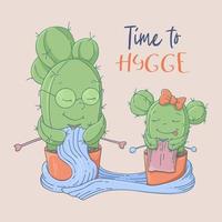 Cute cartoon postcard cacti grandmother and granddaughter learn to knit vector