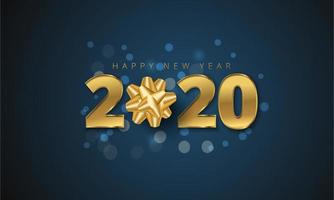 Tarjeta de felicitación de feliz año nuevo 2020 con lazo de regalo dorado en bokeh azul vector