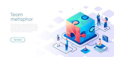 Team metaphor with cube puzzle isometric landing page vector