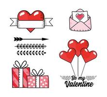Establecer tarjeta de amor con regalos regalos y corazones globos vector