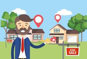 businessman with houses sale property and location vector