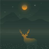 Silueta de ciervo y montañas verdes bajo la luna llena amarilla vector