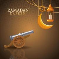 Ramadán Kareem con luna menguante y arte islámico vector