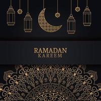 Ramadán Kareem con luna menguante y arte islámico vector