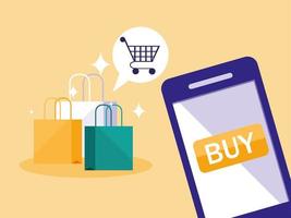 shopping online with smartphone and bags vector