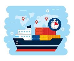 ship transport with contsiners and global map location vector