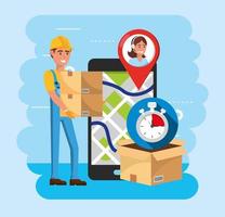 delivery man with boxes and smartphone with map location and call center service vector